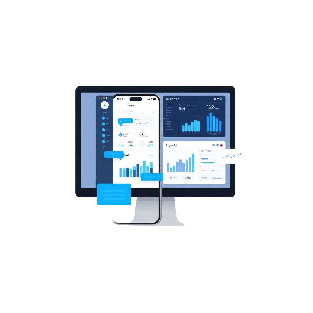 2D illustration of a desktop and phone showing dashboards